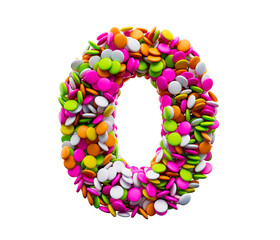 Colorful sugar beans Zero or 0 isolated on white background. 3d illustration