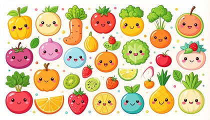 Adorable kawaii food characters illustration, smiling fruits and vegetables with expressive faces, bright color palette, soft shading, playful and cheerful style, perfect for stickers and children&rsquo;s d