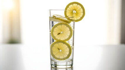 Sparkling water with lemon slices in tall glass on bright minimalist setup