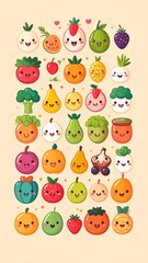 Fototapeta premium Adorable kawaii food characters illustration, smiling fruits and vegetables with expressive faces, bright color palette, soft shading, playful and cheerful style, perfect for stickers and children’s d