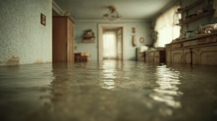 The flooded living room in the apartment. Water covers the floor, reflections of furniture and walls, low shooting point; plumbing failure or flood.