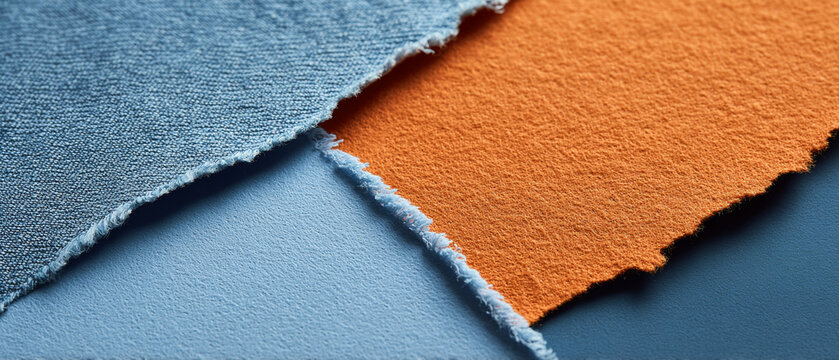 Close-up of torn fabric pieces in blue and orange colors showing texture and frayed edges in abstract composition