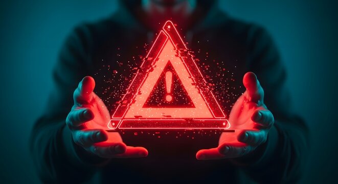Digital threat warning sign in human hands