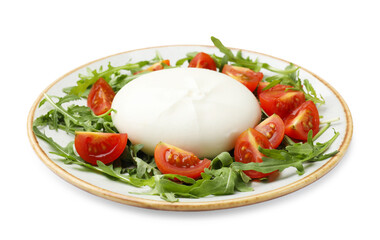 Delicious burrata cheese with tomatoes and arugula isolated on white