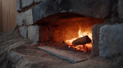 Rustic outdoor brick oven with a vivid orange fire burning intensely inside radiating warmth and glowing embers