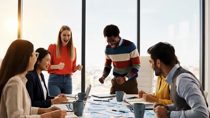 Diverse business team celebrating success with a high five and applause in a bright modern office meeting room - Powered by Adobe