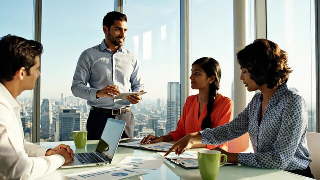 Diverse business team meeting in modern highrise office with city view, discussing charts and data on tablet and paper