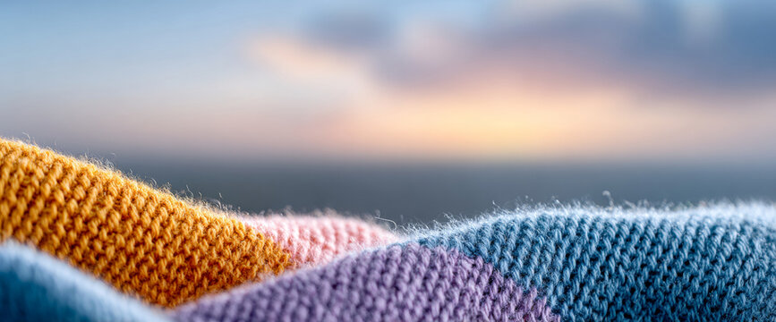Close-up of colorful knitted fabric with soft focus background and warm sunset lighting creating cozy and textured atmosphere - Powered by Adobe