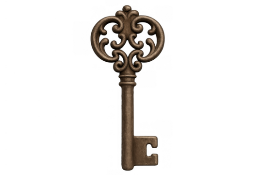 Ornate antique skeleton key revealing access, security, solution, mystery, and opportunity on a transparent background - Powered by Adobe