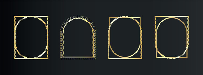 Luxury thin gold frame set in art deco, Islamic style. Premium geometric golden arch on black background. Elegant linear borders for vip, greeting card, wedding invitation. Isolated vector illustratio