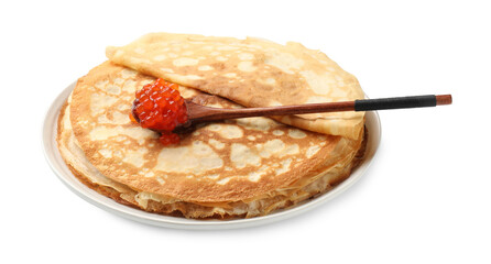 Tasty crepes with red caviar isolated on white