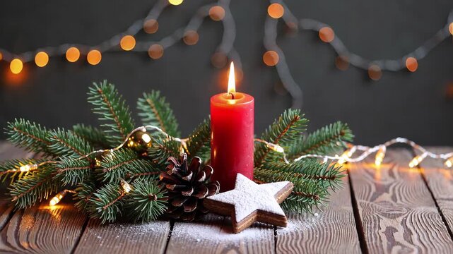 Cozy Christmas scene with red candle, evergreen branches, and sparkling string lights