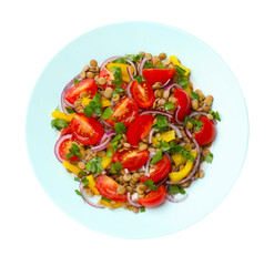 Delicious salad with lentils and vegetables isolated on white, top view