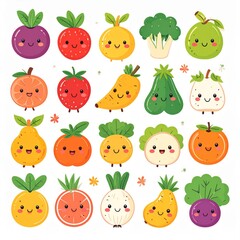 Adorable kawaii food characters illustration, smiling fruits and vegetables with expressive faces, bright color palette, soft shading, playful and cheerful style, perfect for stickers and children&rsquo;s d