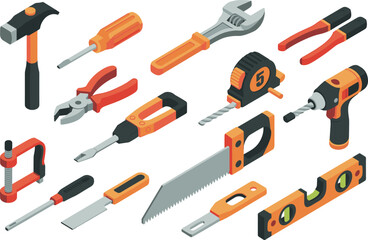 Isometric construction tools set with hammer, wrench, screwdriver, tape measure, pliers, saw, drill, level, and workshop equipment