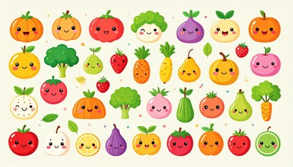 Adorable kawaii food characters illustration, smiling fruits and vegetables with expressive faces, bright color palette, soft shading, playful and cheerful style, perfect for stickers and children&rsquo;s d