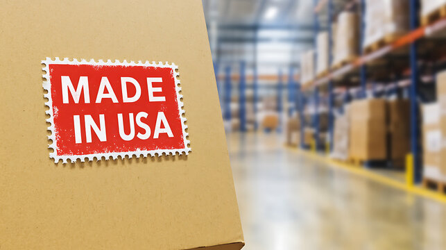 A cardboard box with a 'Made in USA' sticker sits in a vast warehouse, its promise of domestic production a beacon amid rows of stacked goods, ready for shipment and distribution.