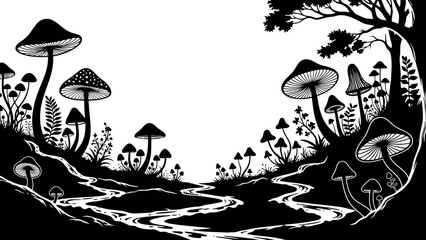 Whimsical mushroom forest with winding stream and silhouette tree