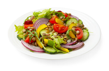 Tasty salad with lentils and vegetables isolated on white