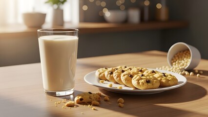 Soybeans in a white bowl, cookies on a plate, and milk on a wooden table