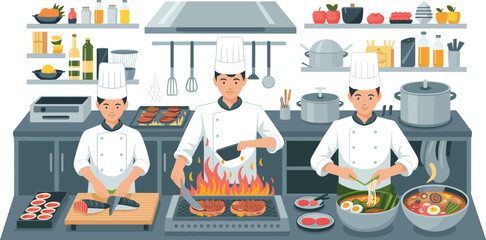 Professional chefs cooking various dishes in modern restaurant kitchen, culinary teamwork illustration with food preparation, grilling, slicing, noodle making scene