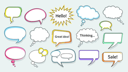 Fototapeta premium Collection of stylized colorful comic book speech and thought bubbles on a light background