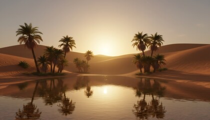 Obraz premium Desert oasis with palm trees and water reflecting the sunset. Natural landscape for travel, adventure, and middle eastern themes. Peaceful desert scene.