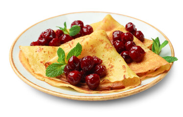 Delicious crepes served with cherry jam isolated on white