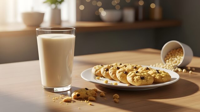 Soybeans in a white bowl, cookies on a plate, and milk on a wooden table - Powered by Adobe