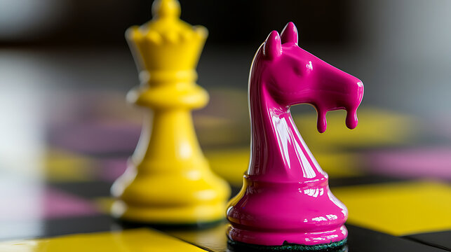 Bright, artistic chess pieces present a modern take on the classic game. The pink knight contrasts beautifully with the yellow queen, set on a vivid board.