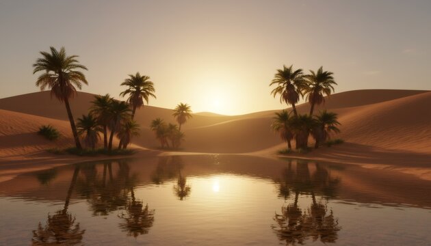 Desert oasis with palm trees and water reflecting the sunset. Natural landscape for travel, adventure, and middle eastern themes. Peaceful desert scene.