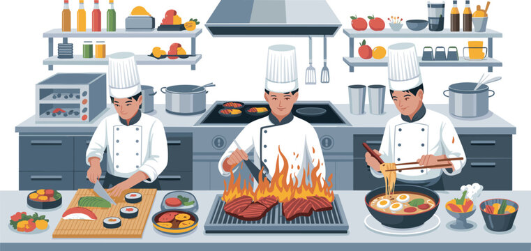 Professional chefs cooking various dishes in modern restaurant kitchen, culinary teamwork illustration with food preparation, grilling, slicing, noodle making scene