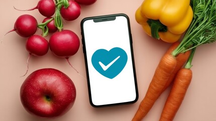 A phone is on a table with a heart and a carrot. The heart is blue and the carrot is orange