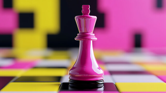 A solitary pink chess king piece stands tall on a vibrant, multi-colored checkered board.  It's a strategic snapshot emphasizing a bright, playful take on the classic game.