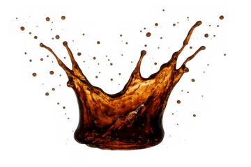 Brown liquid splash creating a crown shape with drops flying, showing dynamic motion and refreshing taste on transparent background