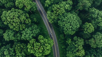 red car amidst green canopy aerial view of a road cutting through the forest