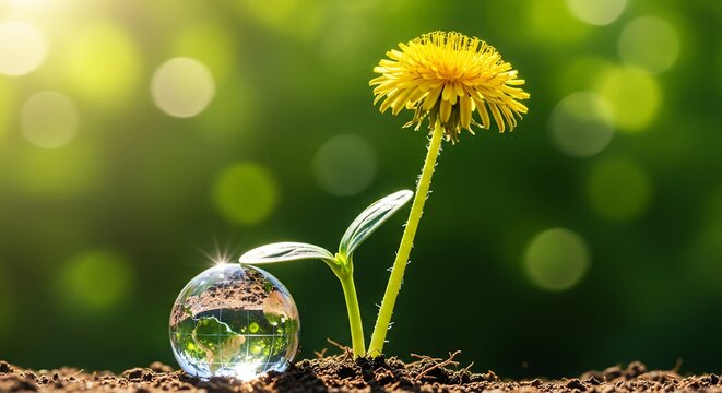 A single dandelion sprout receives water from a dewdrop in bright sunlight