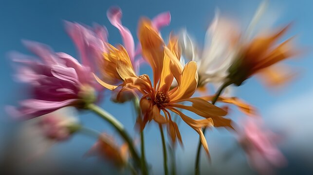 Fleurs dahlias aux p&eacute;tales orange et roses dansant dans le mouvement