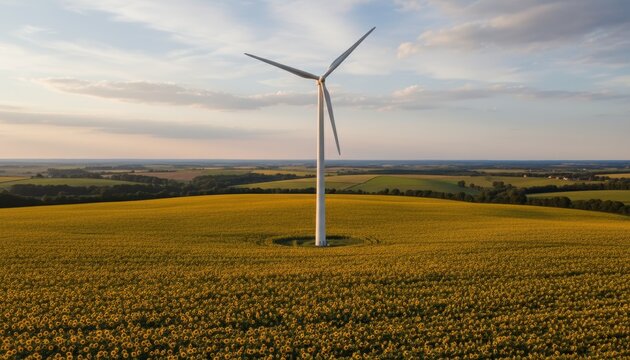 A majestic wind turbine stands tall in a vast field, harnessing the power of the wind to generate clean energy, symbolizing sustainability and progress.