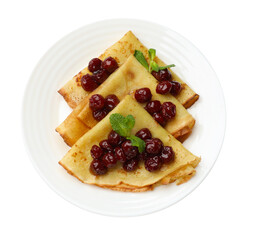 Tasty crepes with cherries and mint isolated on white, top view