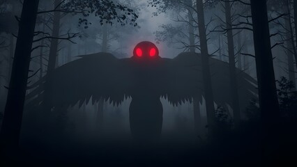 Mothman With Glowing Red Eyes in Dark Forest &ndash; Horror Cryptid Artwork