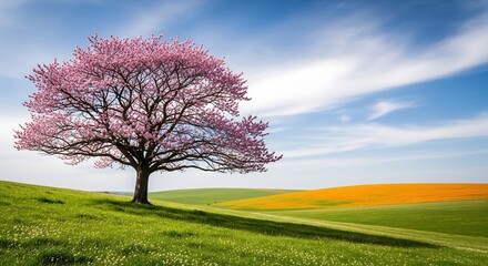 Lone blooming pink tree on a grassy hill with a field of orange flowers