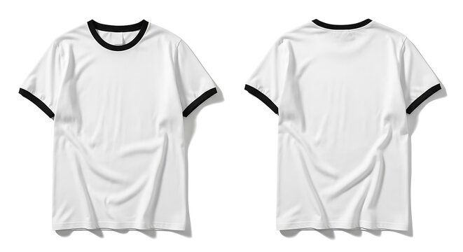 White ringer tshirt with black trim, front and back views, ready for design mockups, isolated on white background