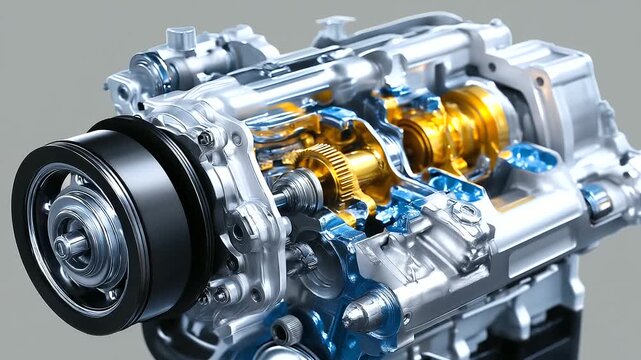 Engine block assembly, belt drive system visible, gray background isolation, automotive component display, internal mechanism exposure, mechanical parts arrangement, industrial pro