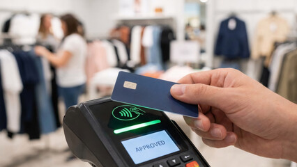 Man hand making a contactless payment with a credit card at a terminal. Modern point of sale transaction in a retail store for shopping.