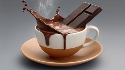 A cup of hot chocolate with chocolate drips on the side. Concept of warmth and comfort, as the hot chocolate is a popular beverage for relaxation and enjoyment