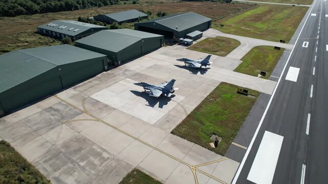 Aerial view of two f16 fighter jets parked on the tarmac near hangars next to an active runway on a sunny day