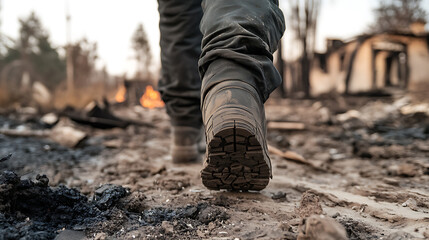 Walking Through Ashes: A person in sturdy boots walks through the aftermath of a destructive fire, amidst charred remains and smoldering embers of the disaster scene.