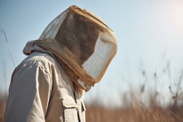 A solitary beekeeper in protective gear outdoors