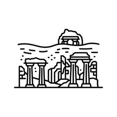 Ancient Ruins with Columns and Rocky Landscape Line Art Icon